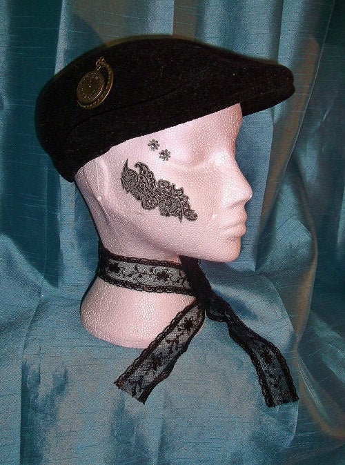 Burlesque/punk black FLAT TOP CAP-with embellishments Wonkey Donkey Bazaar