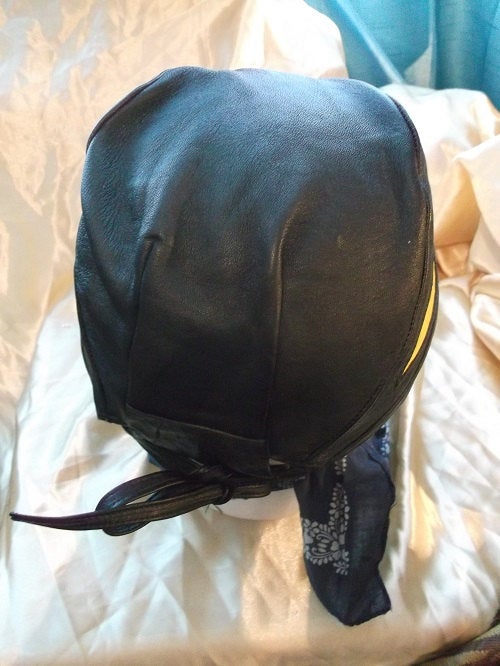 Vintage Leather SKULL-CAP/BANDANA, BLack with yellow flame design Wonkey Donkey Bazaar
