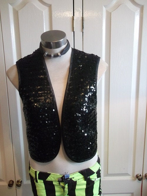 Hipster/funky/burlesque Black Sequin WAISTCOAT-"Lucie Linden"size 38"chest.lined Wonkey Donkey Bazaar