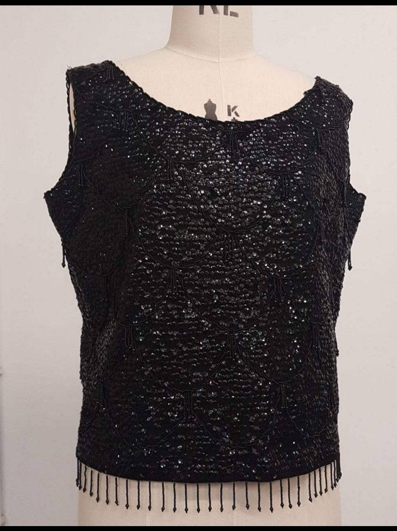 Gorgoeus Vintage 1960s black sequin & Beaded glamour top Sz L Wonkey Donkey Bazaar