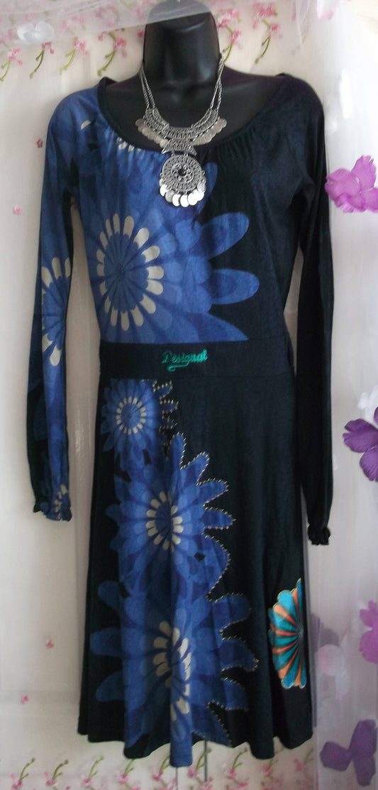 DESIGUAL long full skirt black blue multi colour print cotton jersey dress Size small 10-12uk Wonkey Donkey Bazaar