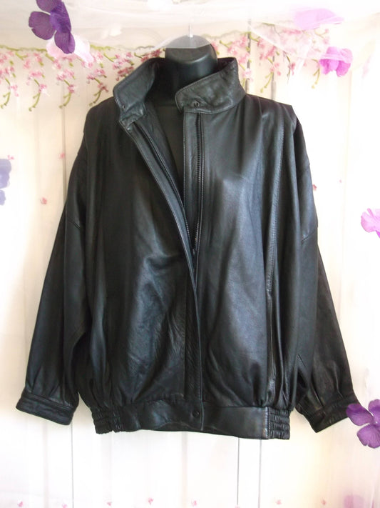 Black leather bomber/batwing sleeve style jacket,elasticated waist,zip front.size XL Wonkey Donkey Bazaar