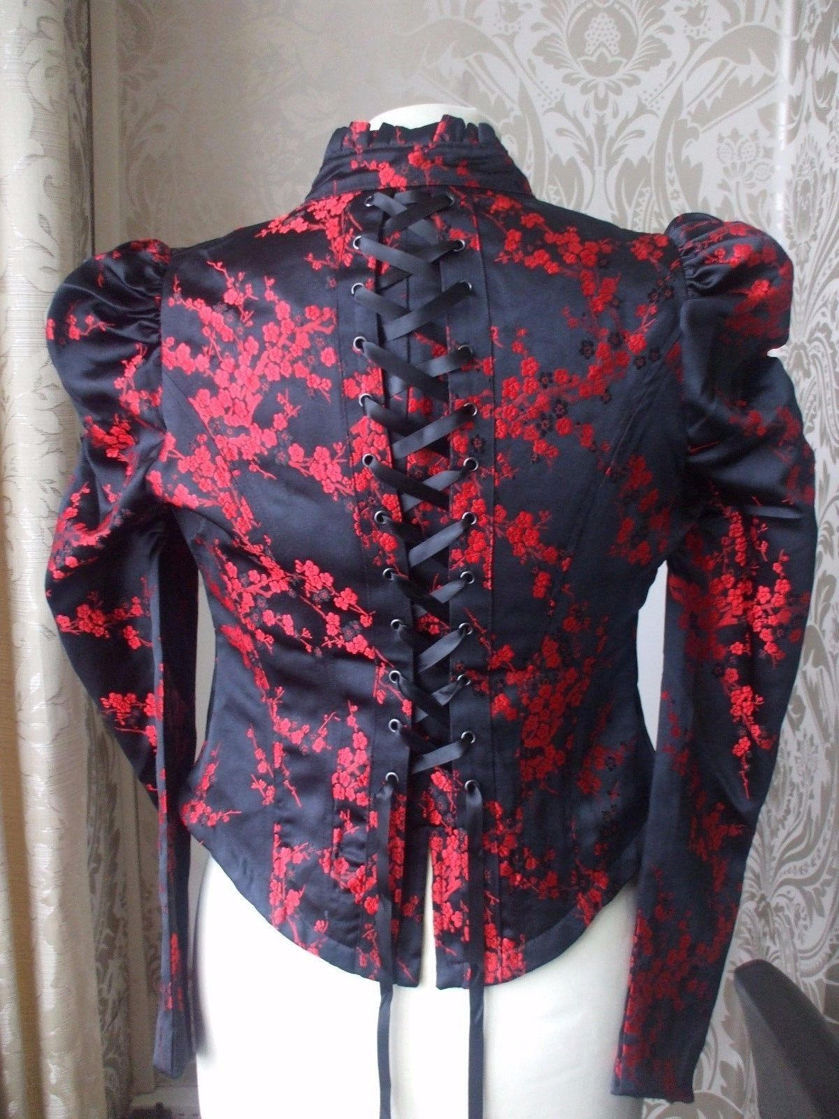 Ladies Gothic Rock a Billy Top Shirt Hell Bunny Black Red roses Brocade Size 10 Wonkey Donkey Bazaar