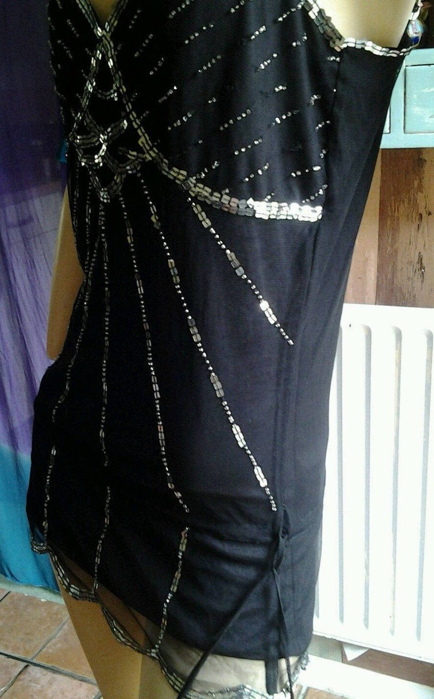 gorgeous stunning black sequinned strappy top Gatsby flapper steampunk goth size14 uk Wonkey Donkey Bazaar