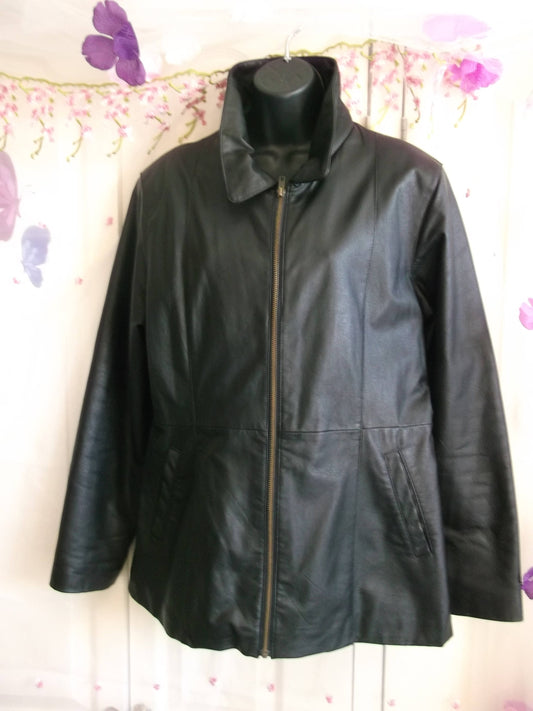 Stunning, Black leather coat 3/4 length,zip front,size 12.Bust 43".excellent condition Wonkey Donkey Bazaar