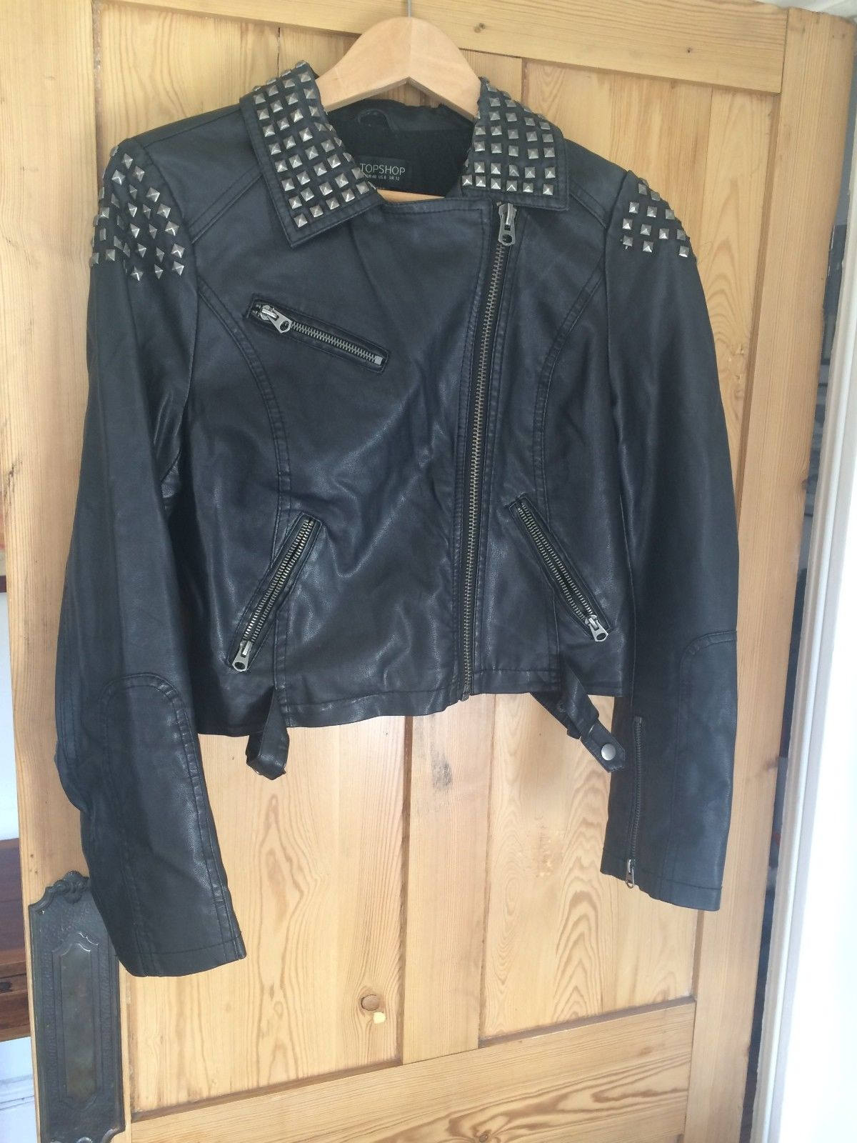 Vintage  retro punkTopshop faux leather BLACK BIKER jacket with square silve studs - size 12 Wonkey Donkey Bazaar