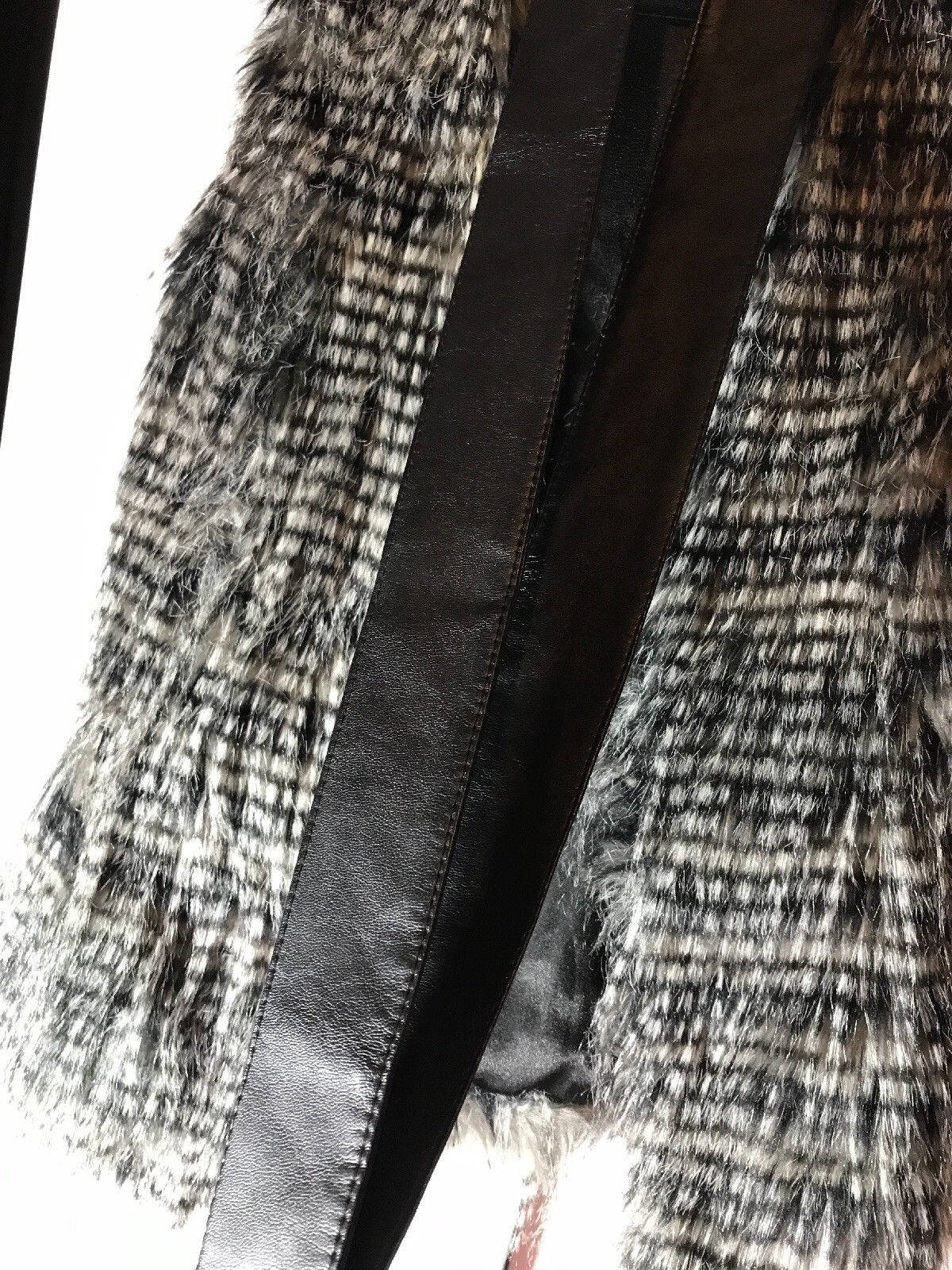Ladies Faux Fur Gilet Black And Grey feathers fauxLeather Tie Waist Size 8, warm, unusual Wonkey Donkey Bazaar