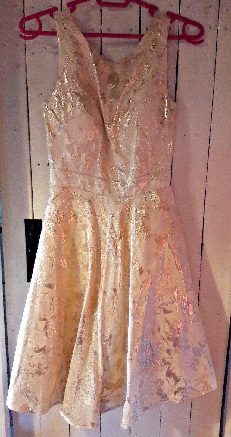 gorgeous hand-made gold flouncy, 50's style dress, under-layered skirt. must be seen.SIze10, elasticated sides Wonkey Donkey Bazaar