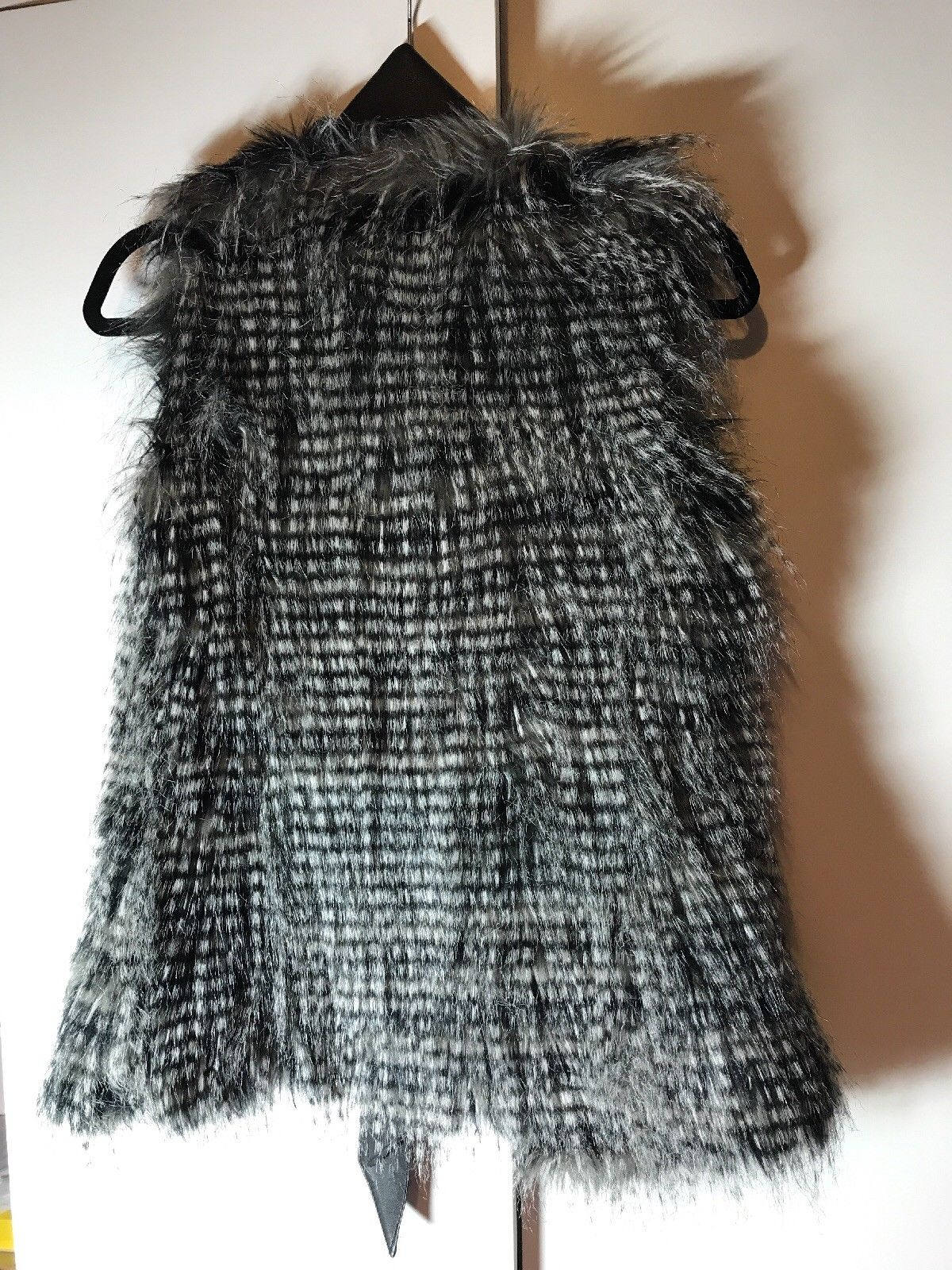 Ladies Faux Fur Gilet Black And Grey feathers fauxLeather Tie Waist Size 8, warm, unusual Wonkey Donkey Bazaar