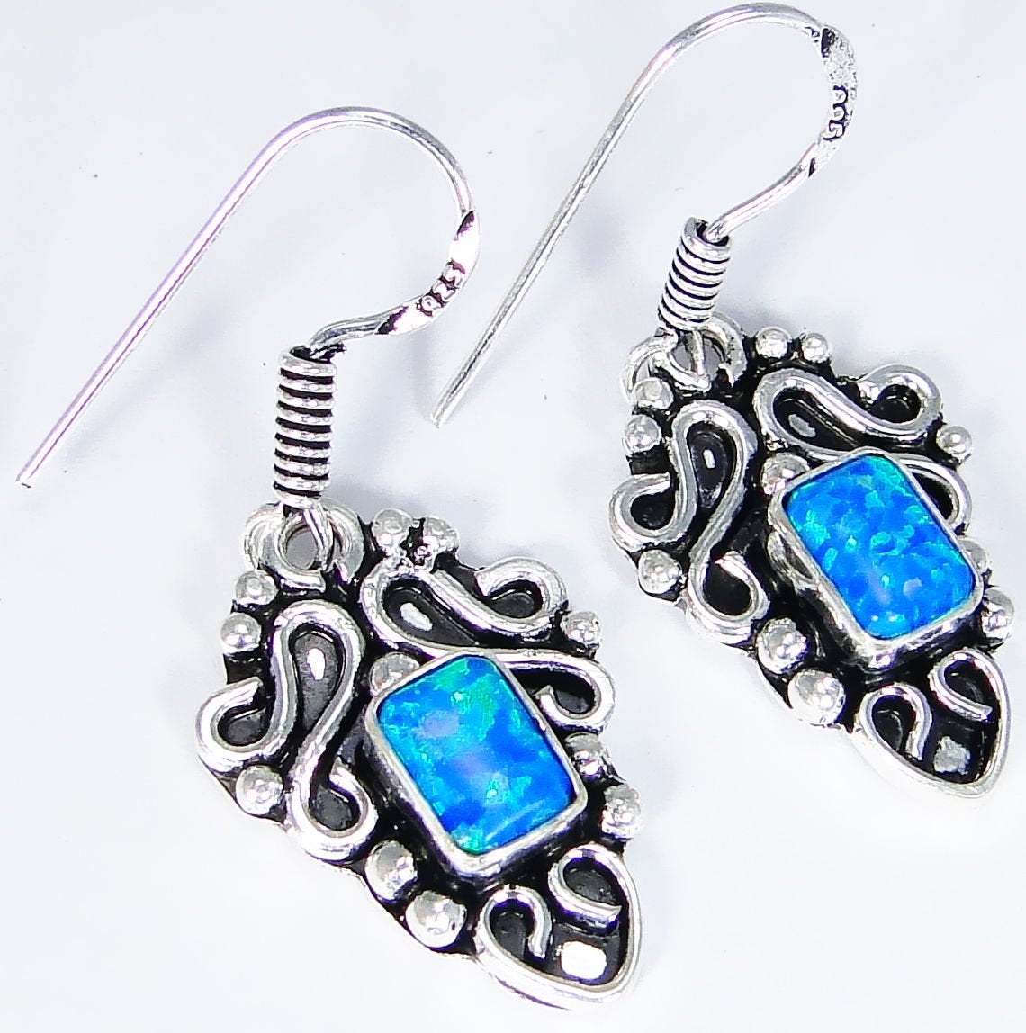Blue Fire Opal & 925 Silver Handmade Designer Earrings 39mm with gift box Wonkey Donkey Bazaar