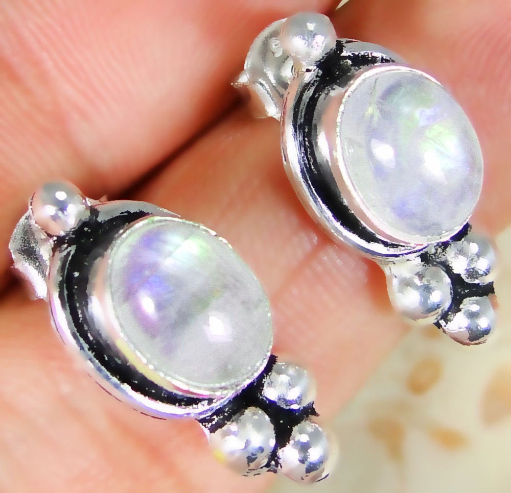 Rainbow Moonstone & 925 Silver Handmade Lovely Earrings studs 18mm with gift-box Wonkey Donkey Bazaar