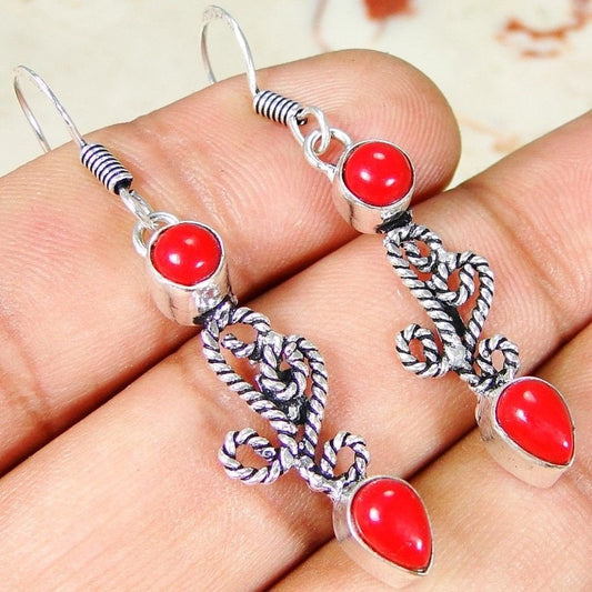 Red Coral & 925 Silver Handmade Fashionable Earrings 50mm WITH GIFT-BOX Wonkey Donkey Bazaar