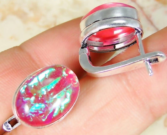Lab Fire Opal & 925 Silver Handmade Lovely Earrings 13mm WITH gift-box.CLIP ON Wonkey Donkey Bazaar