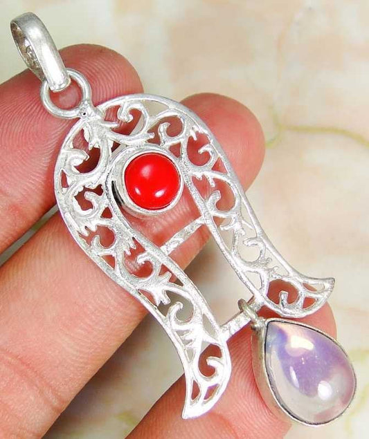 Opalite/Coral & 925 Silver Handmade Lovely Pendant 60mm withgiftBox and silver chain Wonkey Donkey Bazaar