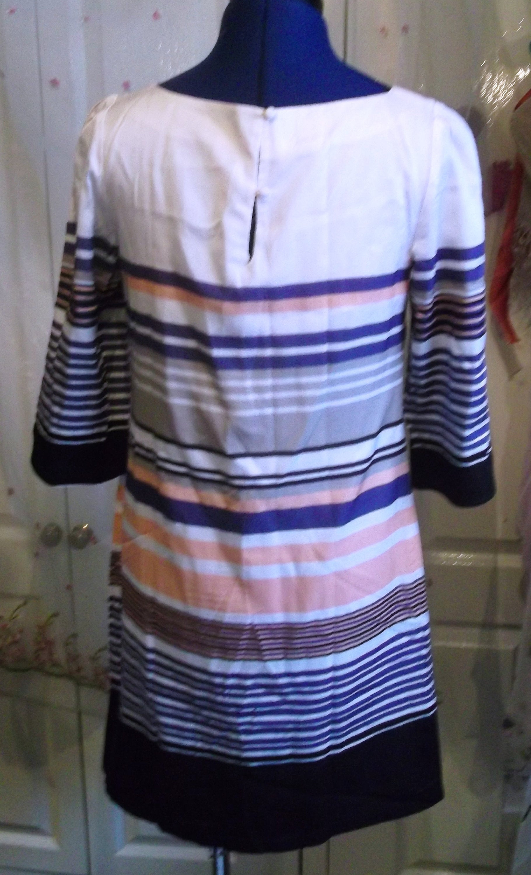Size 8 Monsoon Dress Silk.Striped,lined,3/4 Length Sleeves, lined,button mandarin collar. Wonkey Donkey Bazaar