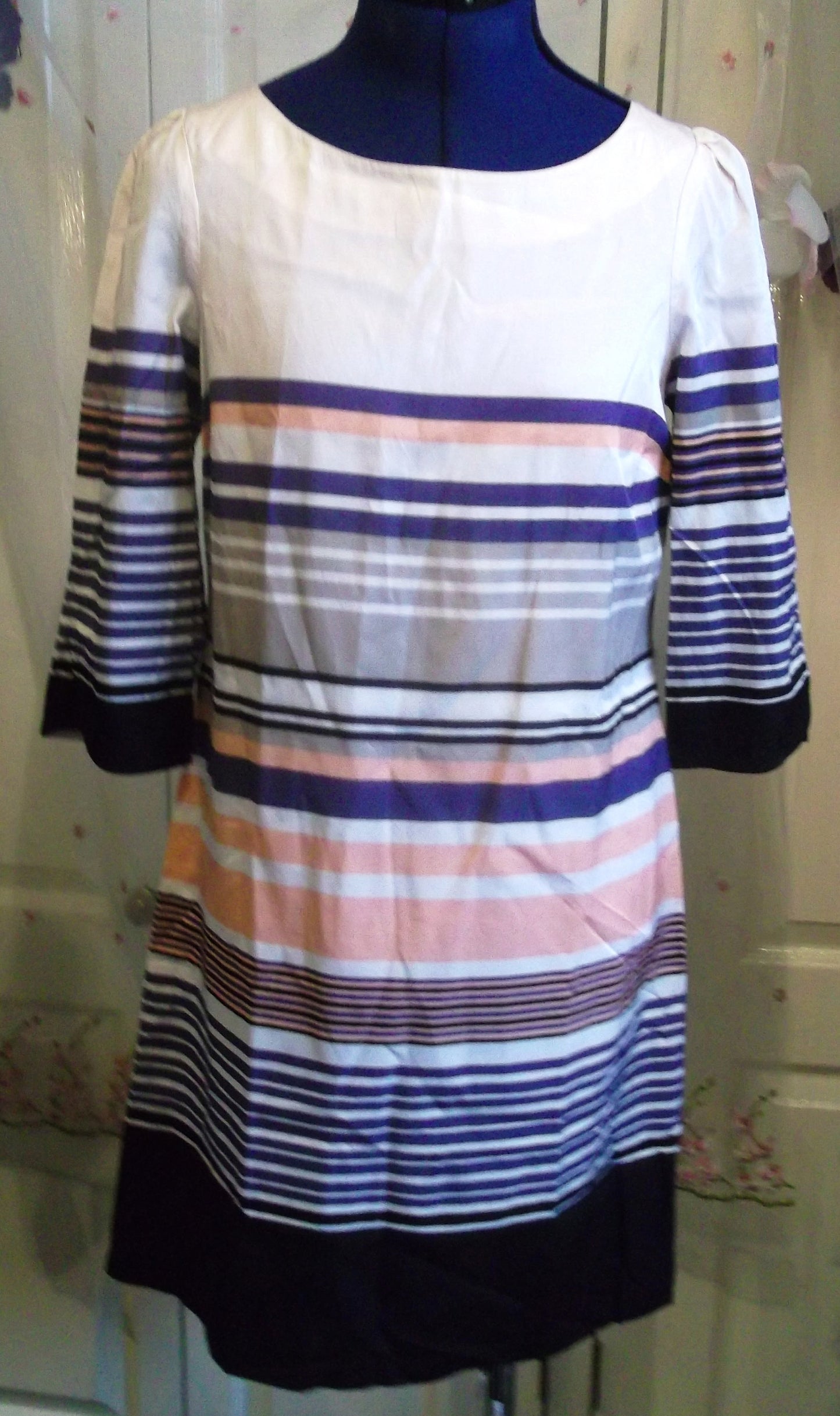 Size 8 Monsoon Dress Silk.Striped,lined,3/4 Length Sleeves, lined,button mandarin collar. Wonkey Donkey Bazaar