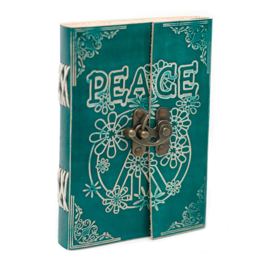 handmade Leather Green Peace design with Lock Notebook (7x5")-hand-made paper 200pages Wonkey Donkey Bazaar