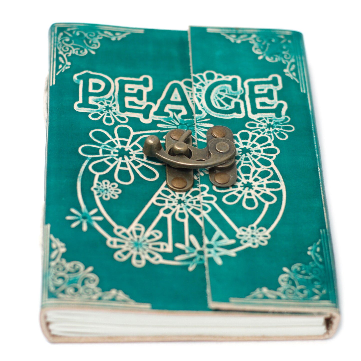 handmade Leather Green Peace design with Lock Notebook (7x5")-hand-made paper 200pages Wonkey Donkey Bazaar