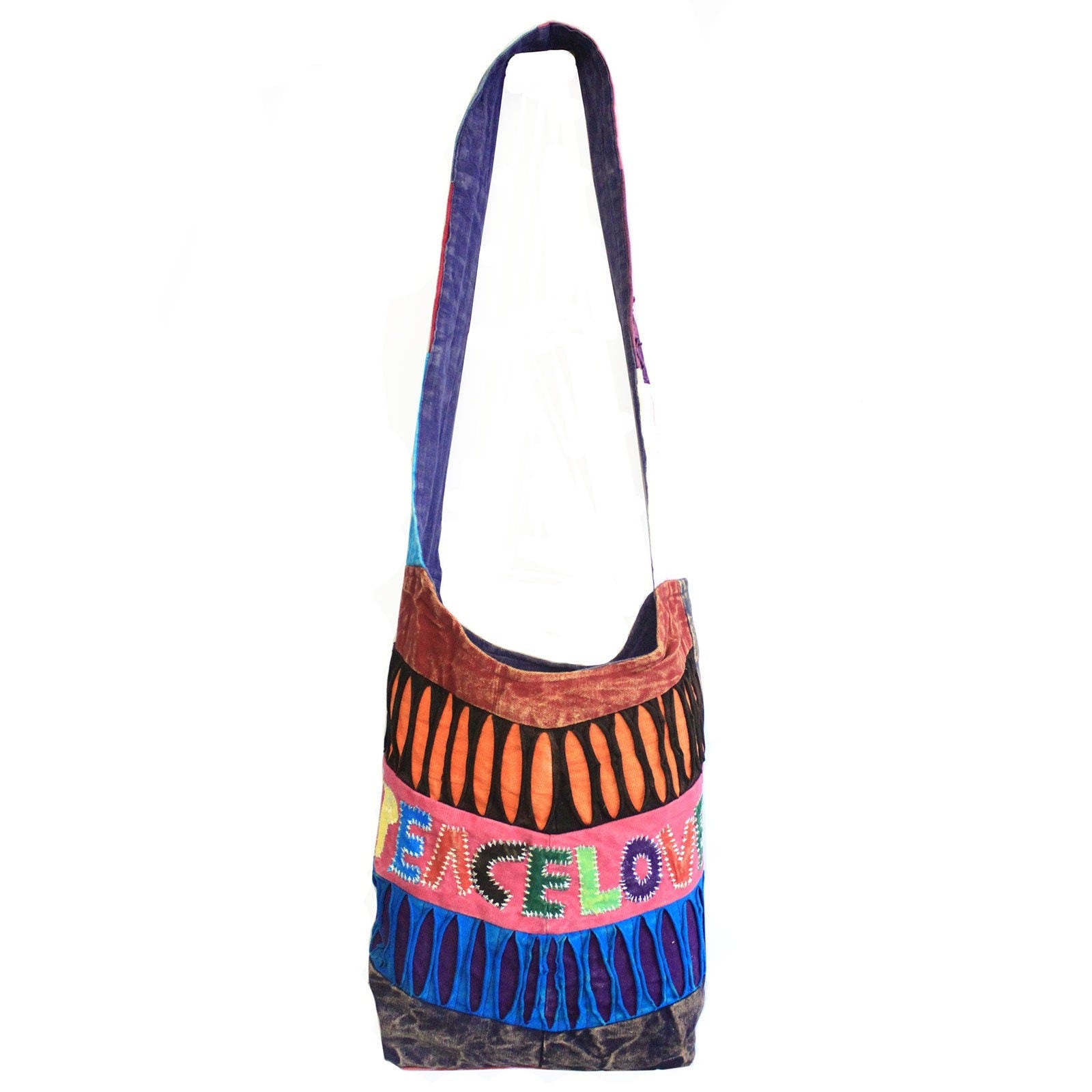 hand-made,patchwork Peace & Love cross-body Bags (asst des)-length34cm; Width:36cm-zips,pockets, buttons Wonkey Donkey Bazaar