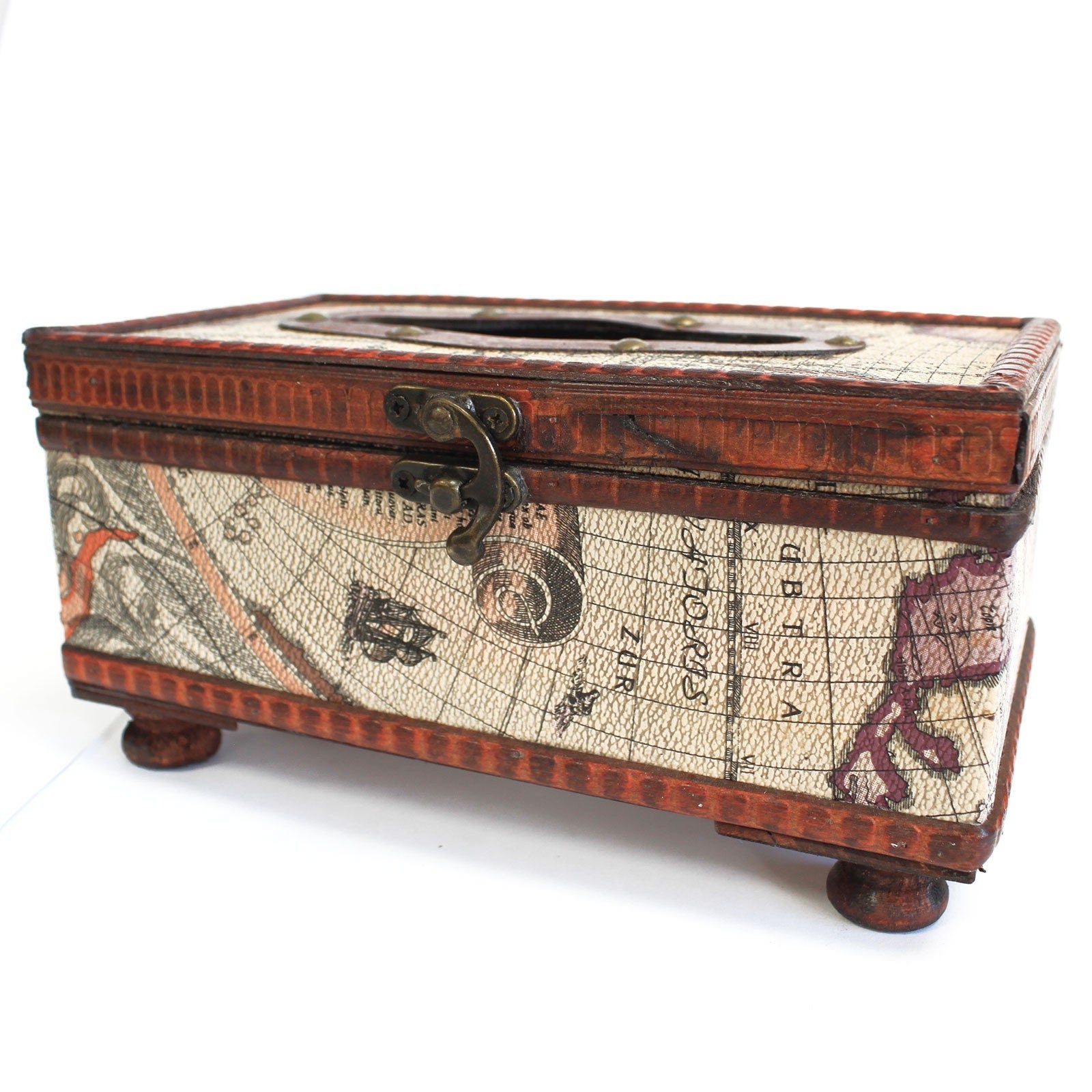 hand-made  wooden steampunk/retro Tissue Box Old Map with Legs-13x22x9.5 (cm) Wonkey Donkey Bazaar