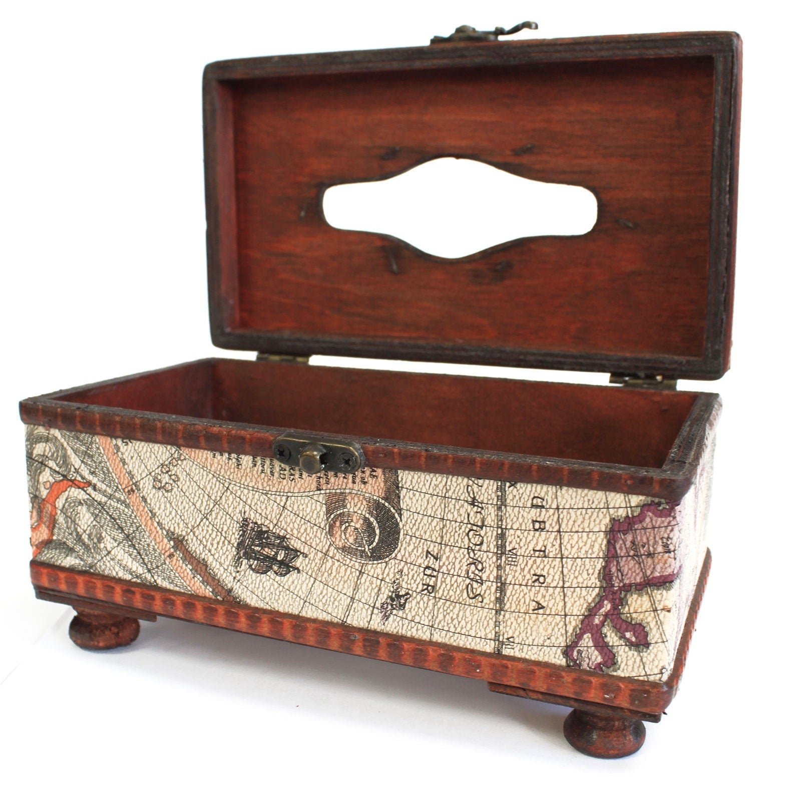 hand-made  wooden steampunk/retro Tissue Box Old Map with Legs-13x22x9.5 (cm) Wonkey Donkey Bazaar