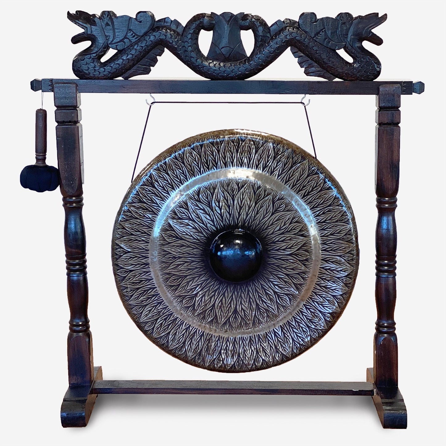 Large HAND-MADE Healing Gong in Brown Antique Stand - 80cm - Black - pattern Wonkey Donkey Bazaar