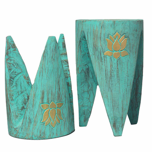 Hand-Made decorated Tribal Tables/Stools Alabasia wood. 30x30x40cm Turquoise Wonkey Donkey Bazaar