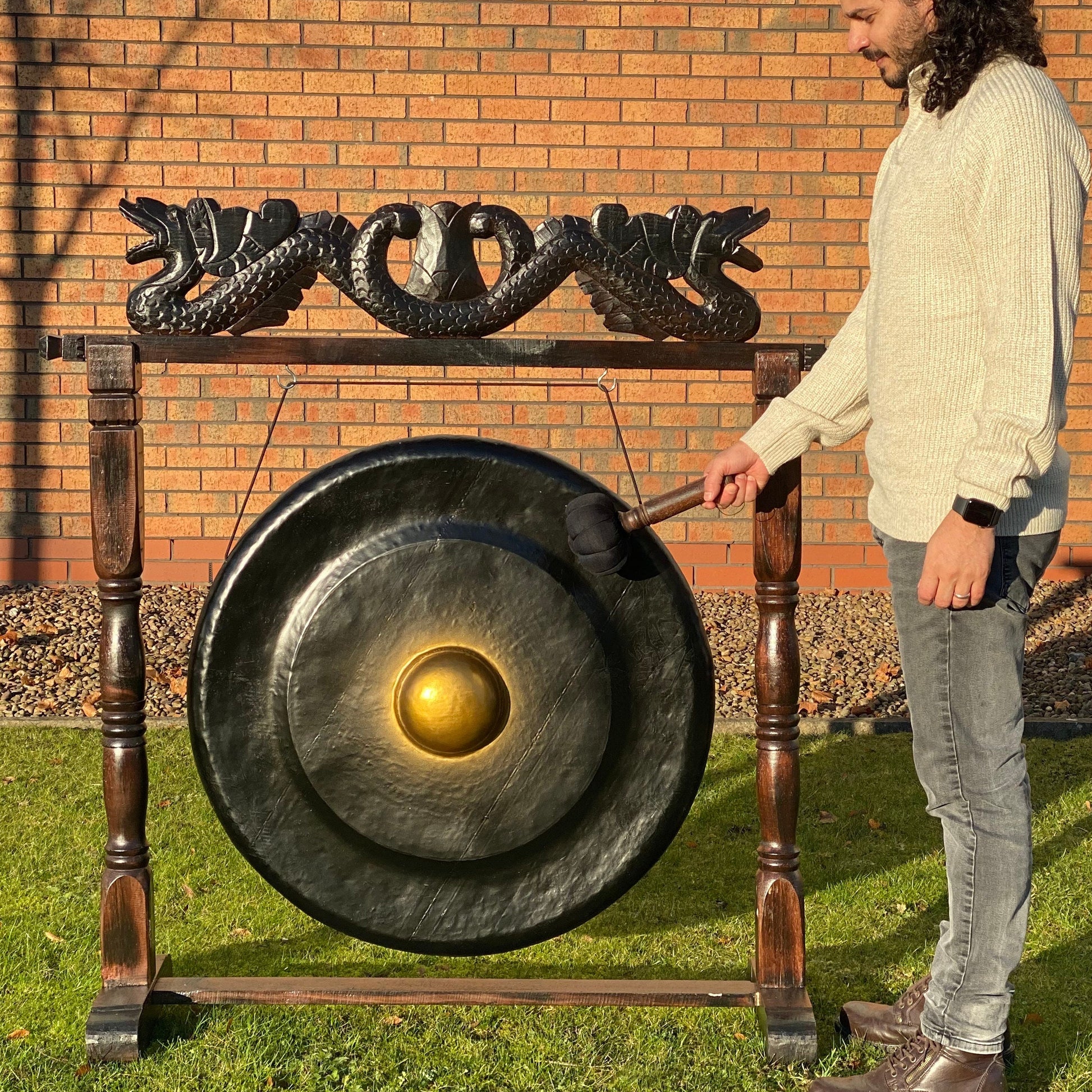 Large Hand-made Healing Gong in Brown Antique Stand - 80cm - Black Wonkey Donkey Bazaar