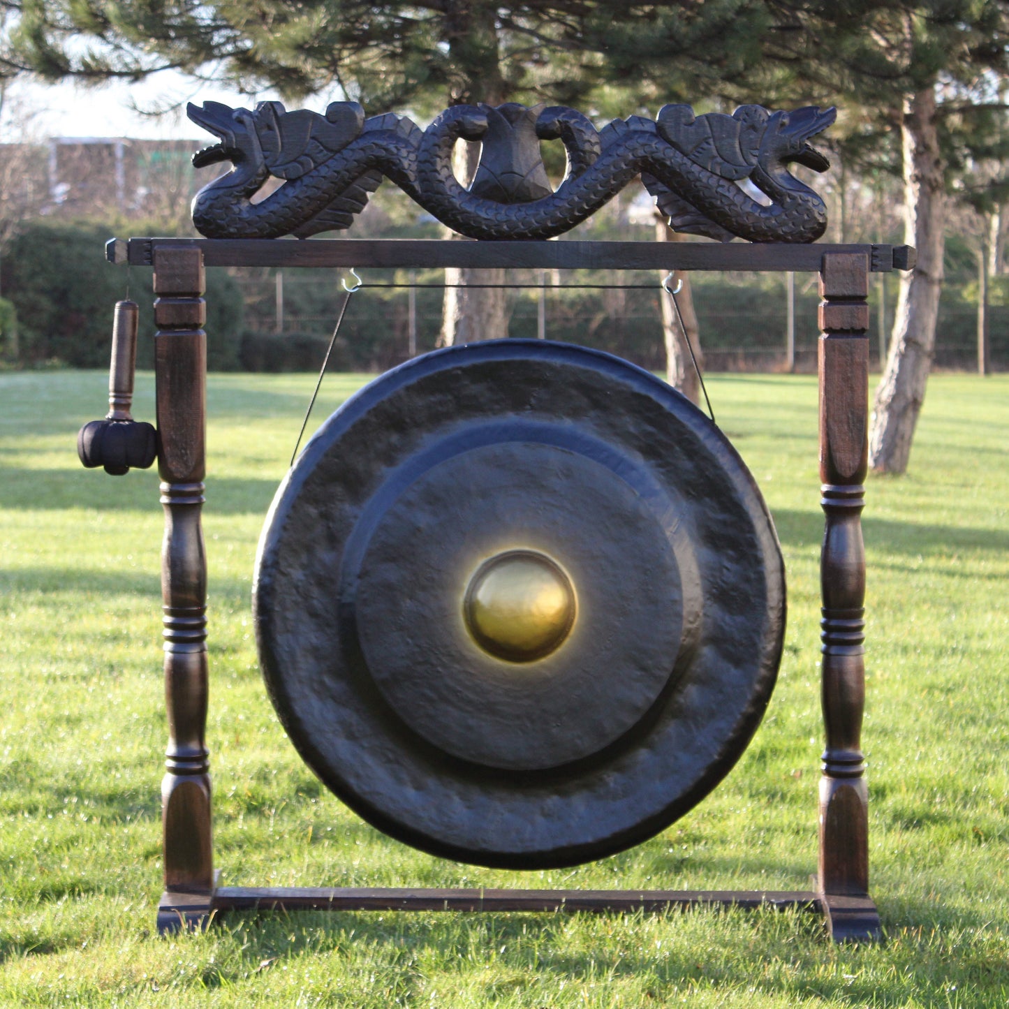 Large Hand-made Healing Gong in Brown Antique Stand - 80cm - Black Wonkey Donkey Bazaar