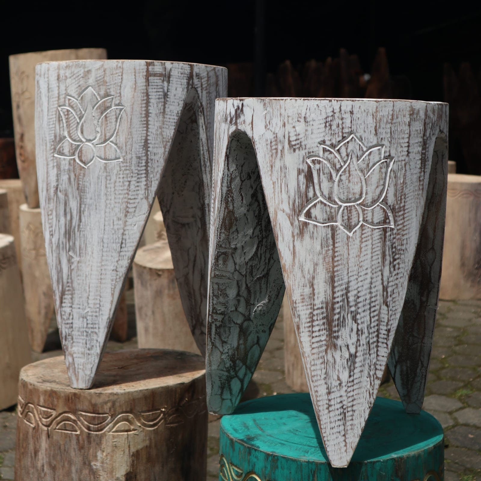 Hand-Made decorated  Tribal Tables/Stools Alabasia wood. 30x30x40cm-whitewssh Wonkey Donkey Bazaar