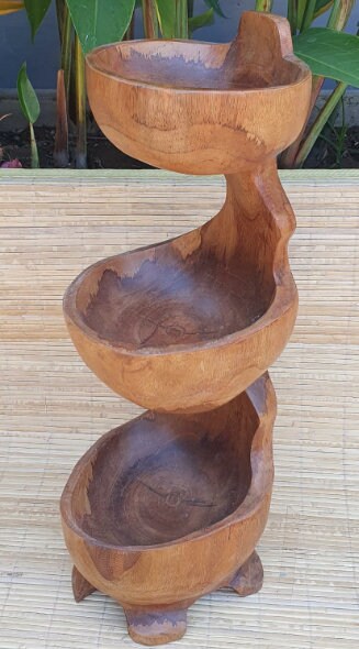 hand carved unique artisan Teak Three Bowl Standing aprox 50cm Wonkey Donkey Bazaar