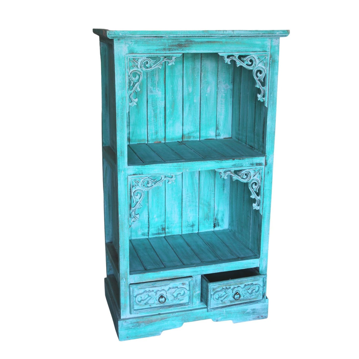 Albasia Bathroom Cabinets-Turquoise hand carved, exquisite detailing--Dimensions: H - 120cm; W - 66.7cm; D - 40cm. Wonkey Donkey Bazaar