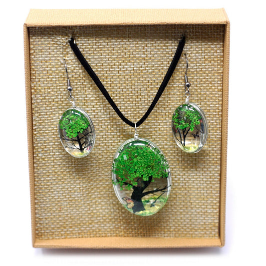 handmade Pressed Flowers Jewellery-Tree of Life jewellery set - green Wonkey Donkey Bazaar