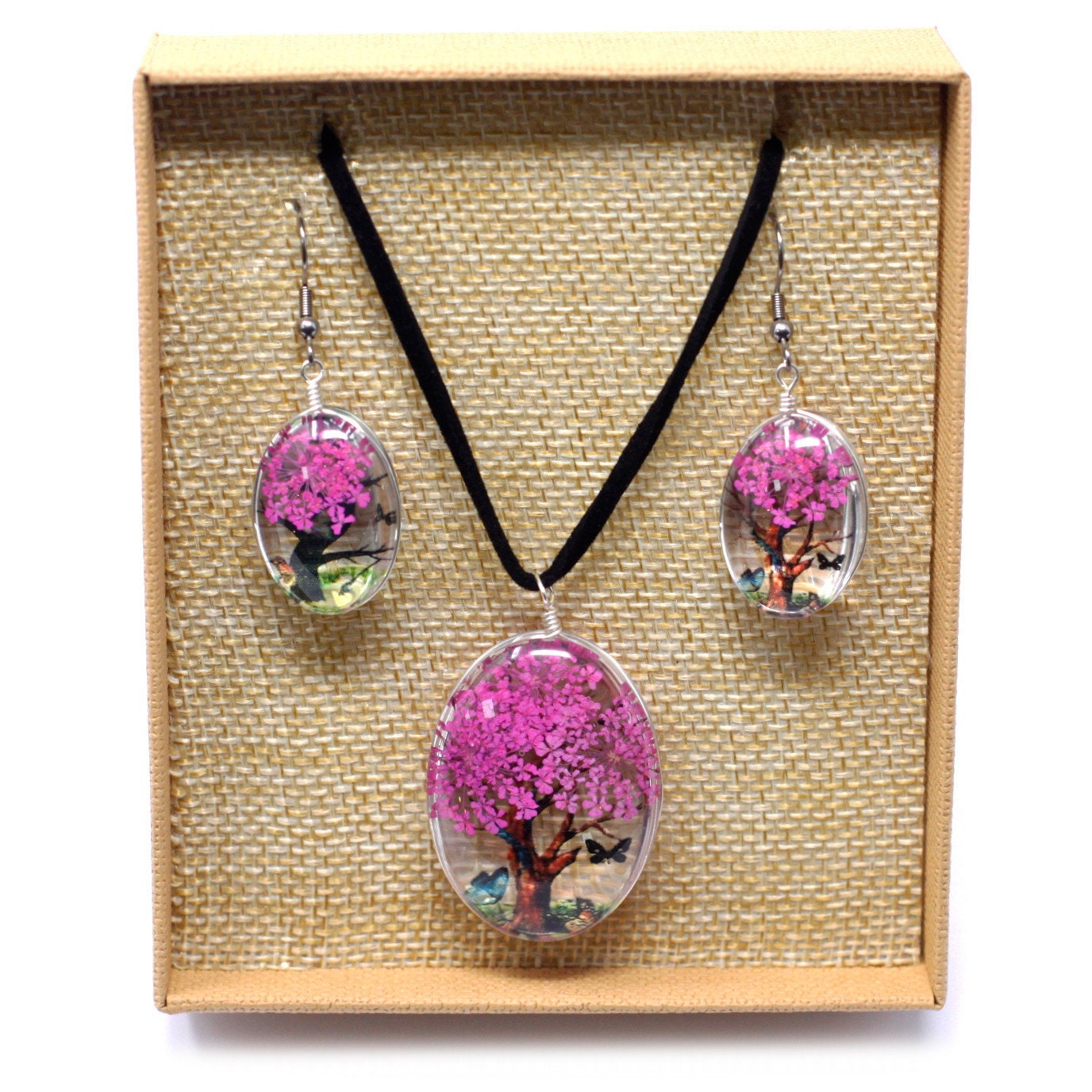 handmade Pressed Flowers Jewellery Set Tree of Life set - Bright Pink Wonkey Donkey Bazaar