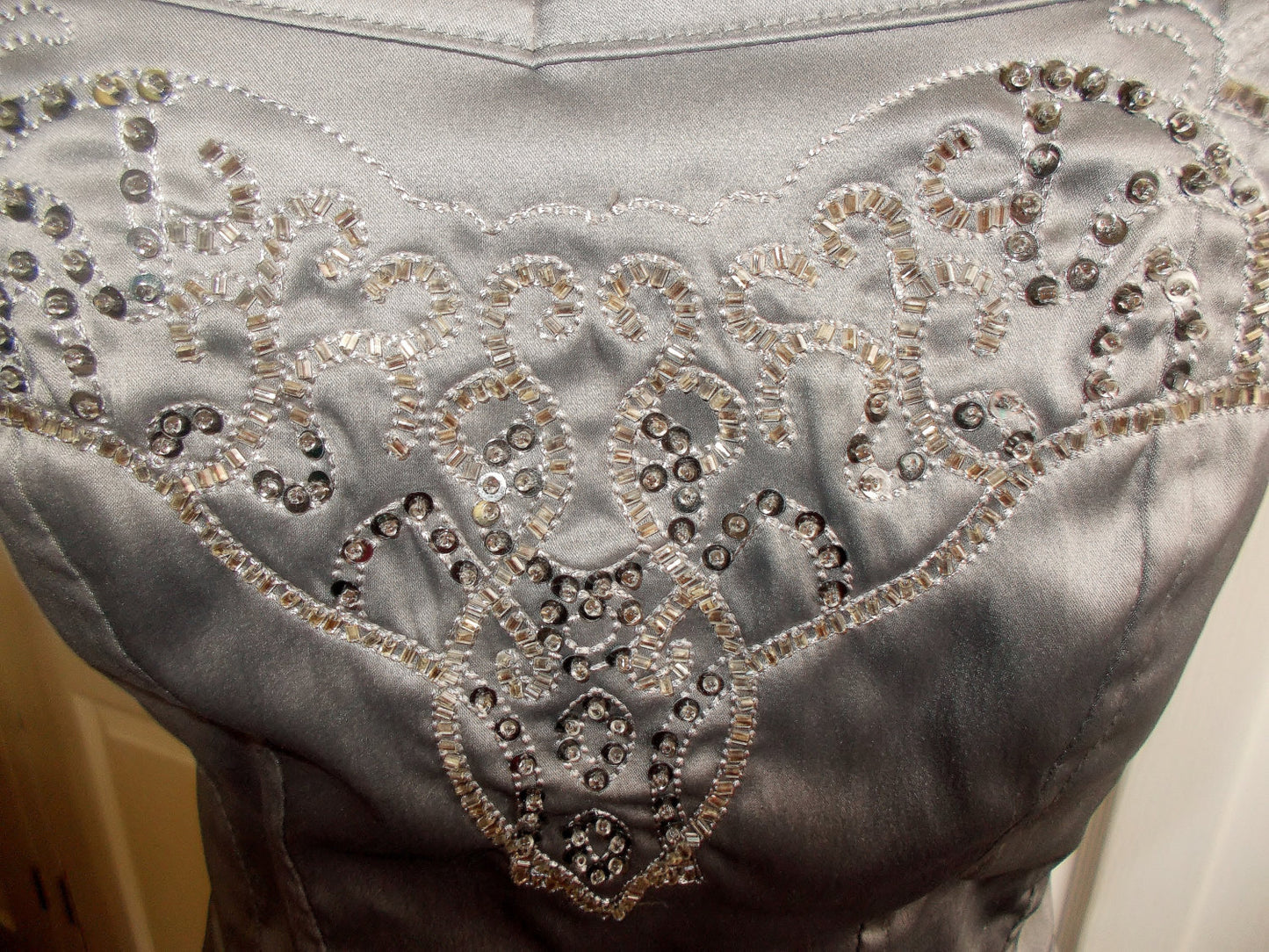 Stunning Vintage eye-catching SteamPunk silver silk corset with exquisite hand-embellished, sequins Wonkey Donkey Bazaar