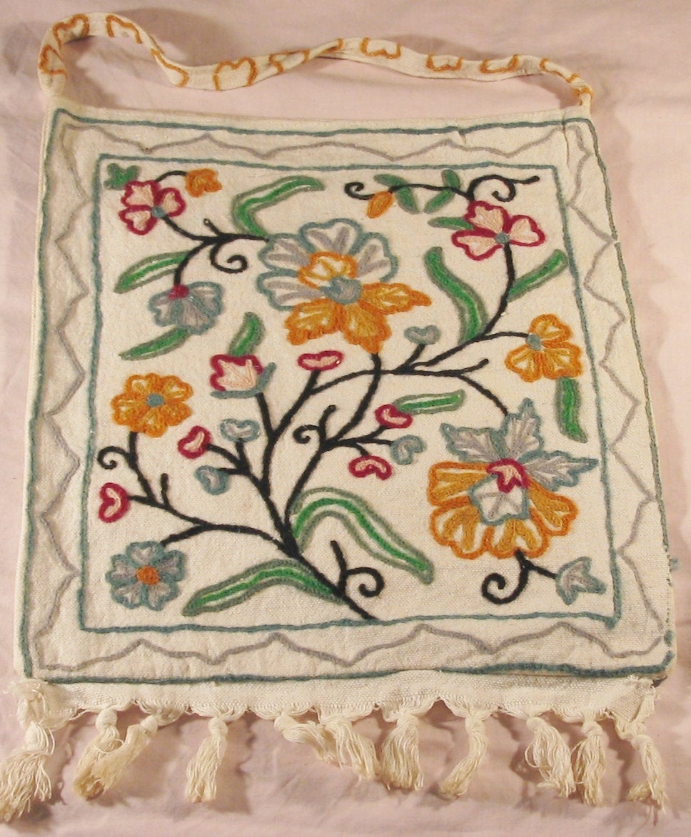 Vintage Textiles: Kashmiri part embroidered shoulder-bag with tassles Wonkey Donkey Bazaar