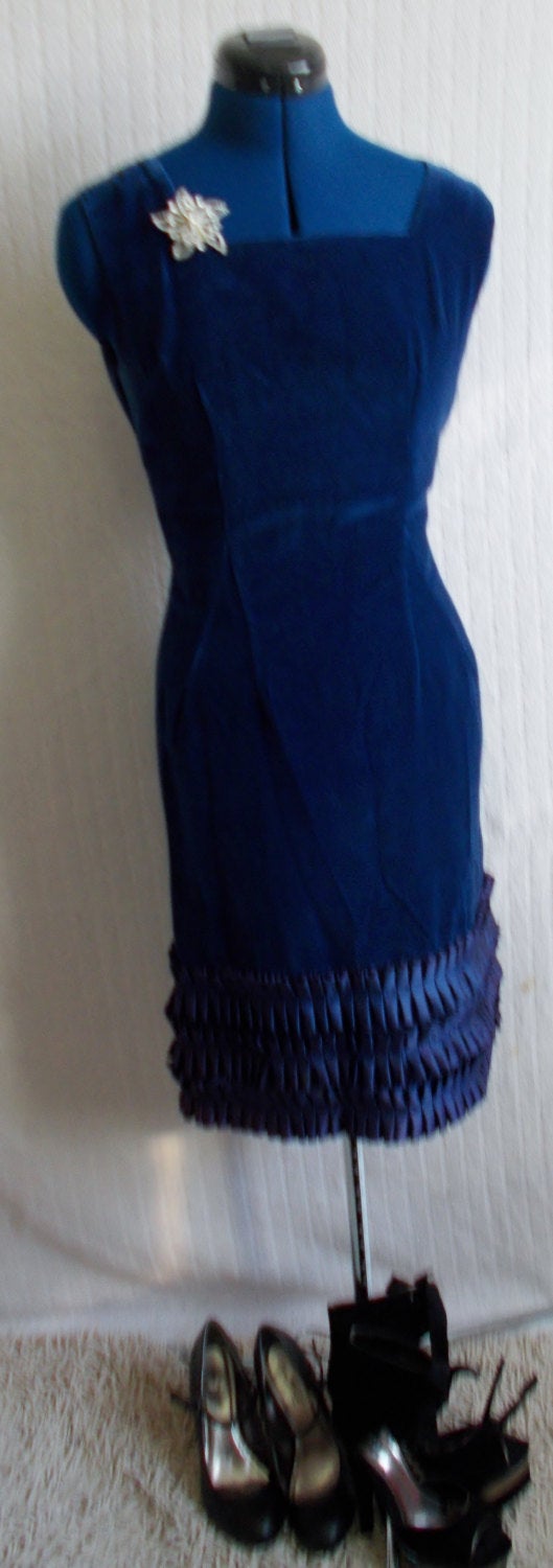Glamourous, UnusualMidnight Blue Velvet Vintage Designer Dress, with ruffled satin hemline.Sleeveless lined.Size 36 Wonkey Donkey Bazaar