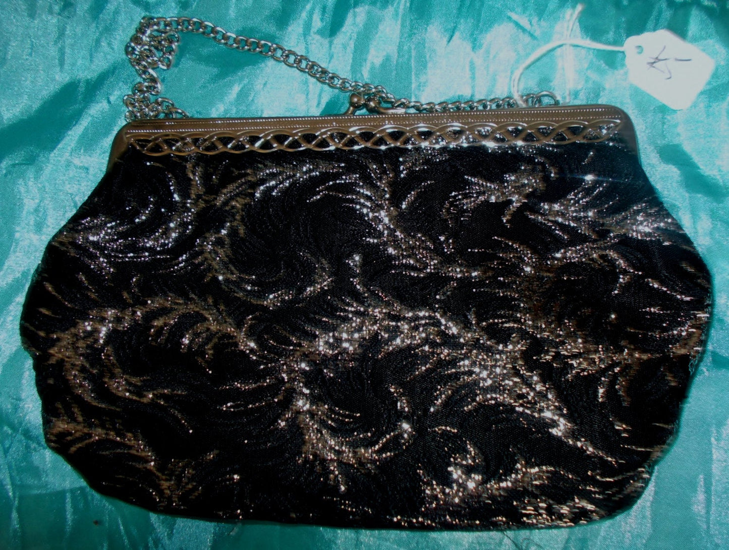 Fab gift item, or party wear accessory- Vintage glam black velvet clutchbag-with gold sparkly swirl designs Wonkey Donkey Bazaar