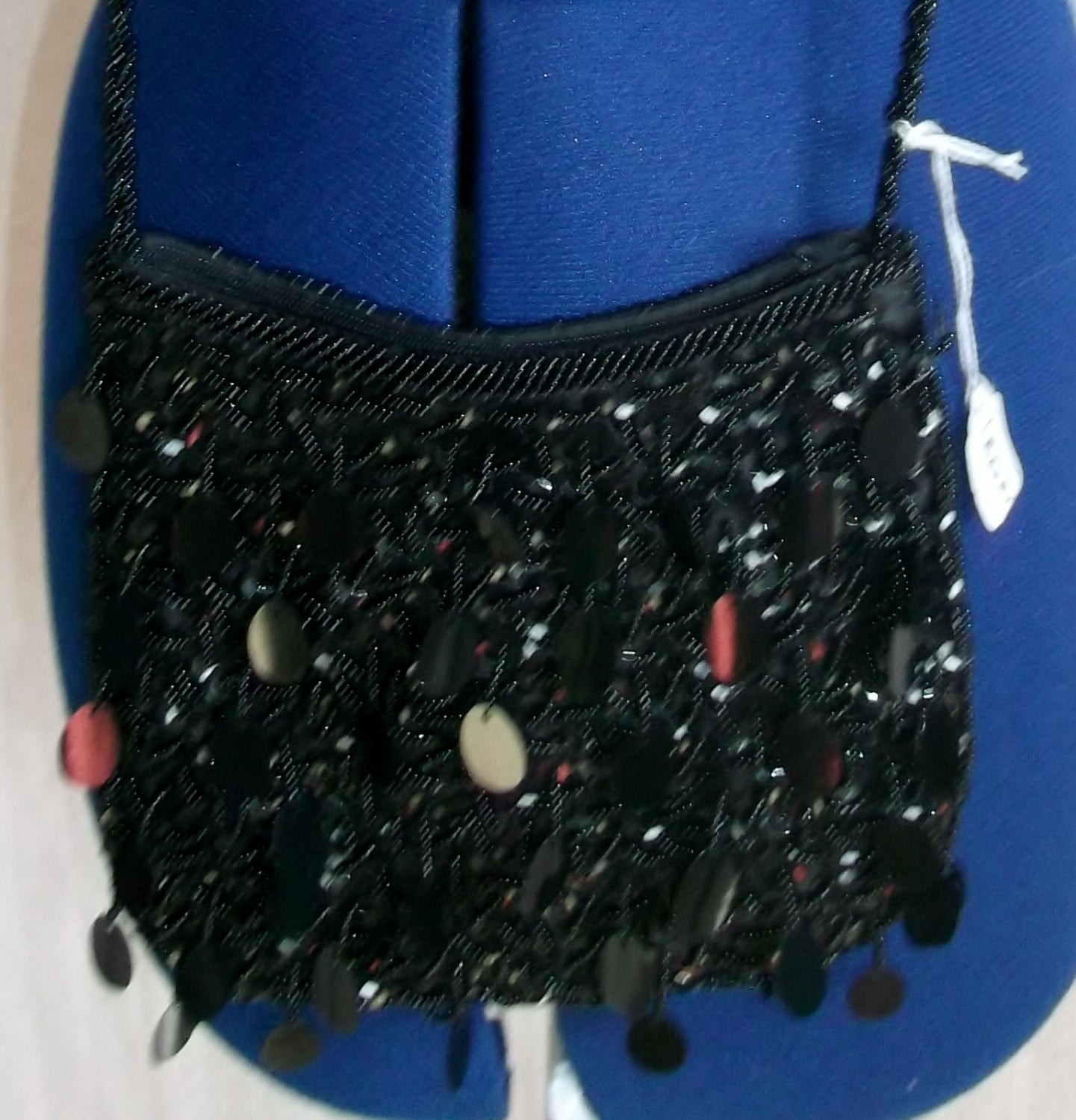 Vintage Glam- black satin occasion shoulder bag with intricate hand-crafted sequins and beadwork, lined, over shoulder. Wonkey Donkey Bazaar