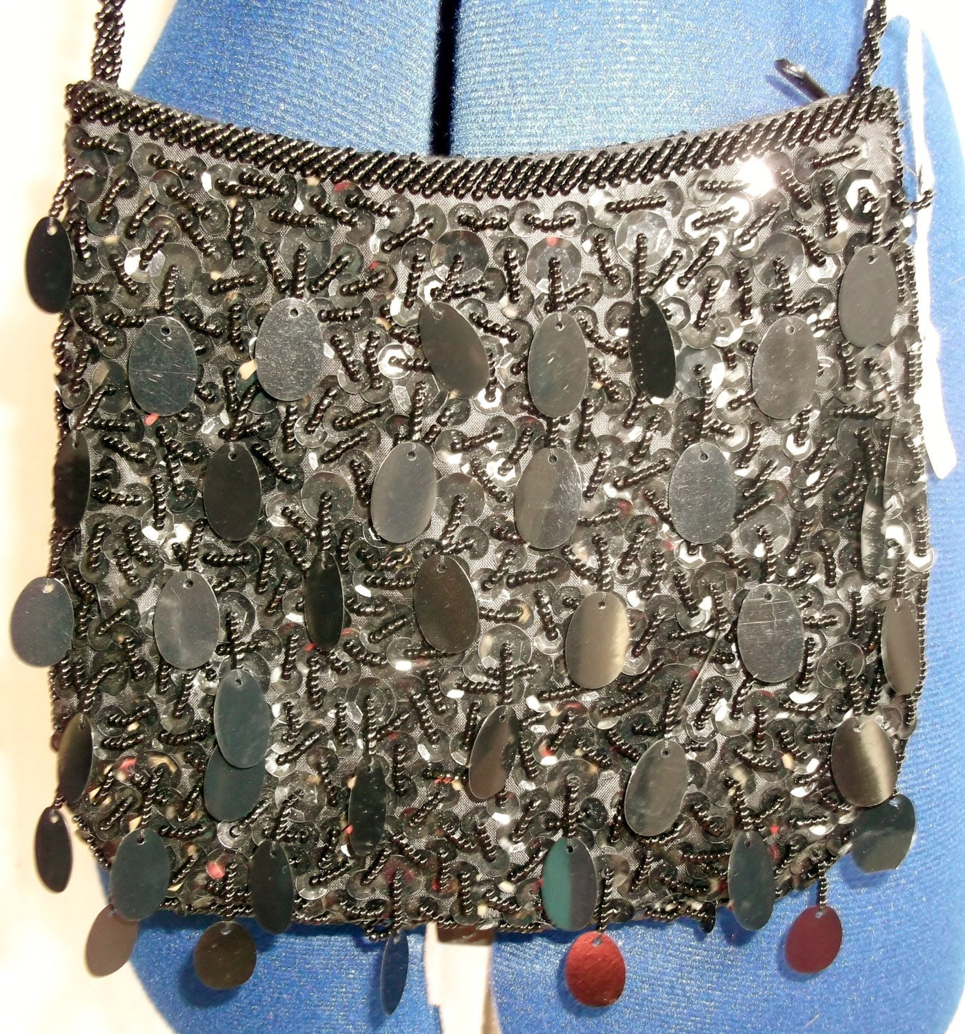 Vintage Glam- black satin occasion shoulder bag with intricate hand-crafted sequins and beadwork, lined, over shoulder. Wonkey Donkey Bazaar