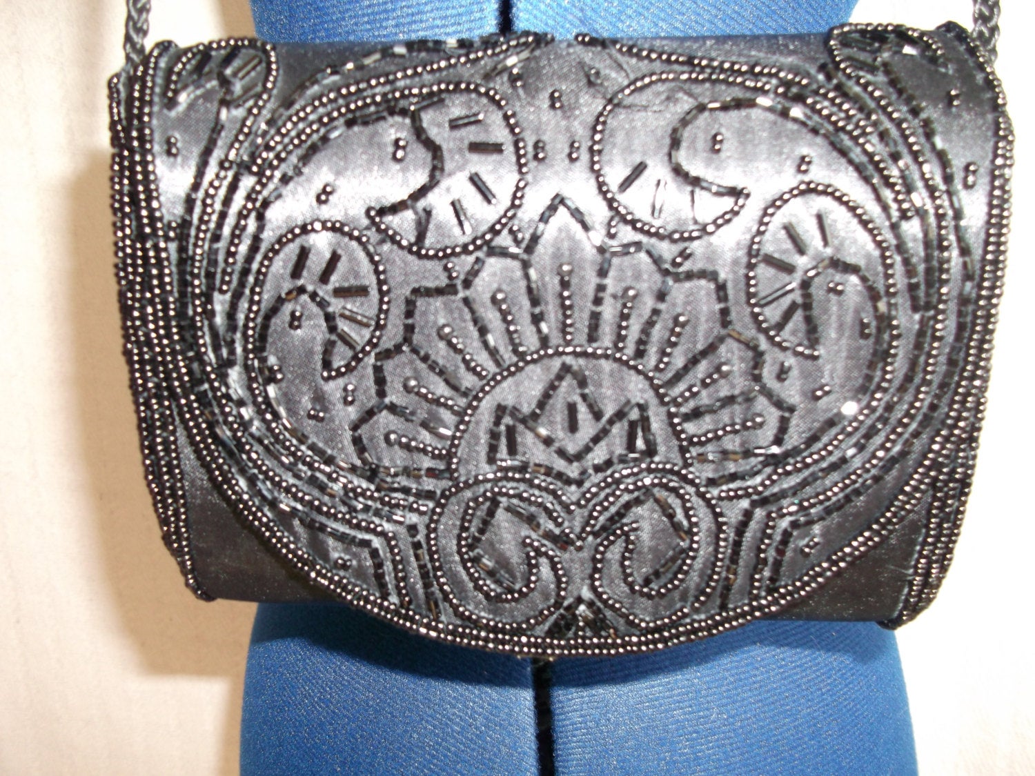 VIntage Glam Unusual black satin shoulder/clutch bag with beadwork detail, fab gift item or party wear accessory Wonkey Donkey Bazaar