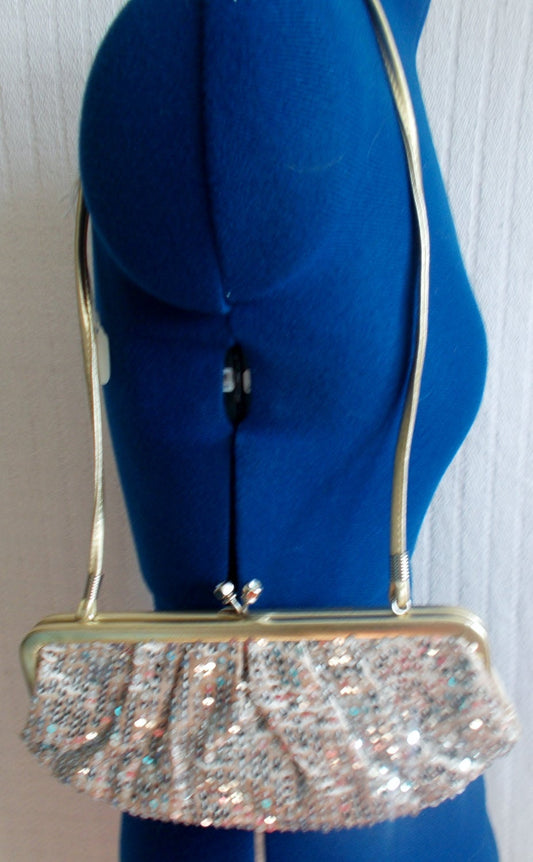 Fab gift item, or party accessory-True Vintage-gold sequinned clutch bag with gold clasp. silk lined. Wonkey Donkey Bazaar
