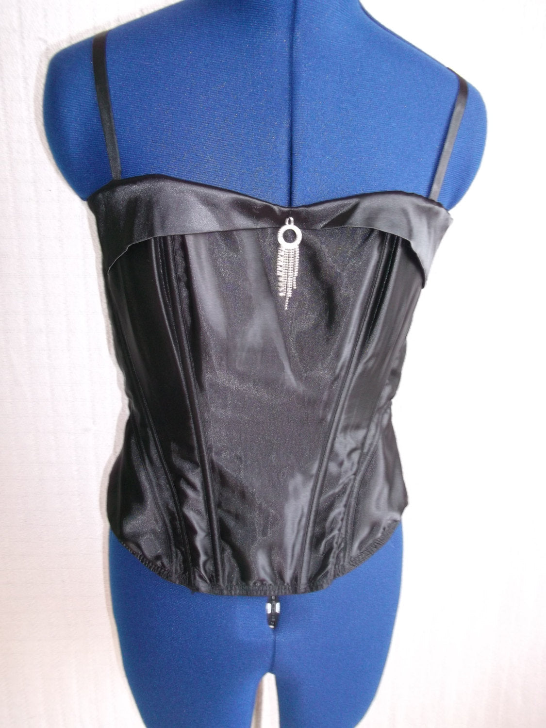 Burlesque, vintage Black satin corset with diamante detailing on front. clasp fastening at back, slinky shoulder straps.. Wonkey Donkey Bazaar