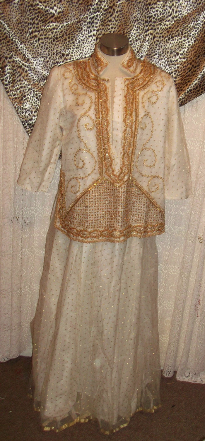 Vintage Indian wedding ceremonial cream and gold polka dot shirt&skirt-gold beadwork detail Wonkey Donkey Bazaar