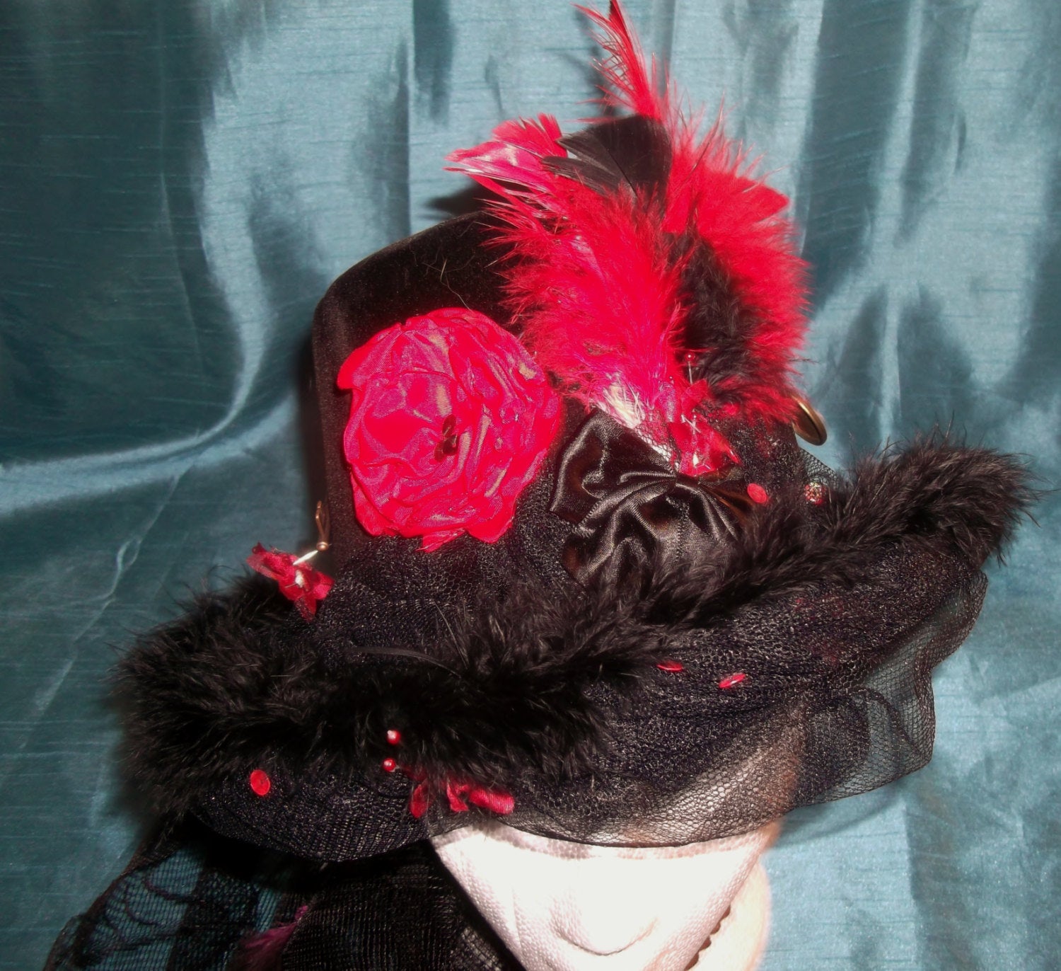 Bespoke.SteamPunk rounded velvet tophat-black&red feathers, embellishments Wonkey Donkey Bazaar