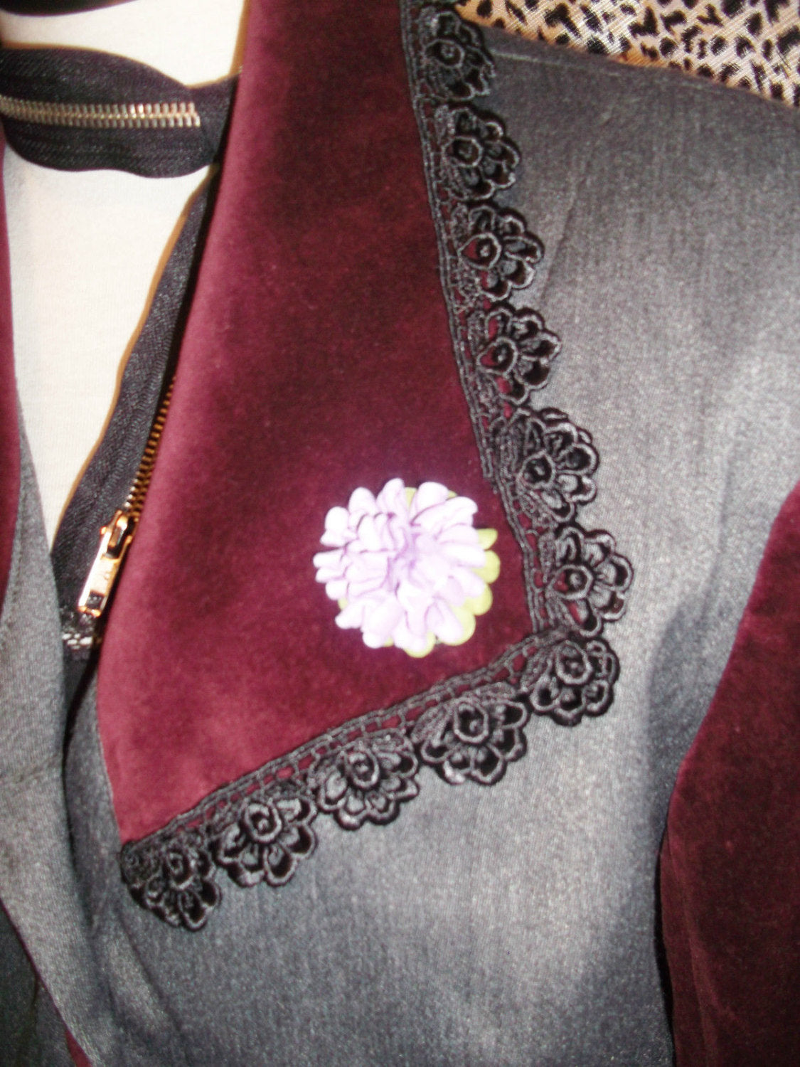 vINTAGE grey jacket purple velvet sleeves collars& lace trimSize 14.Island Republic Wonkey Donkey Bazaar