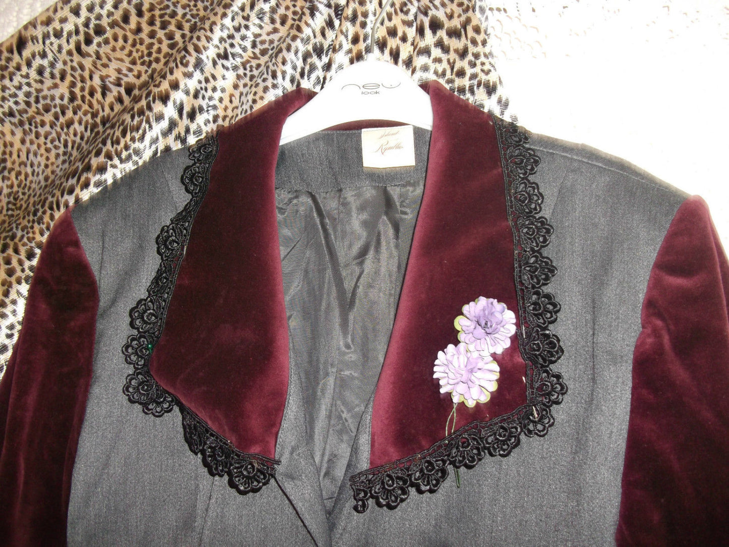 vINTAGE grey jacket purple velvet sleeves collars& lace trimSize 14.Island Republic Wonkey Donkey Bazaar