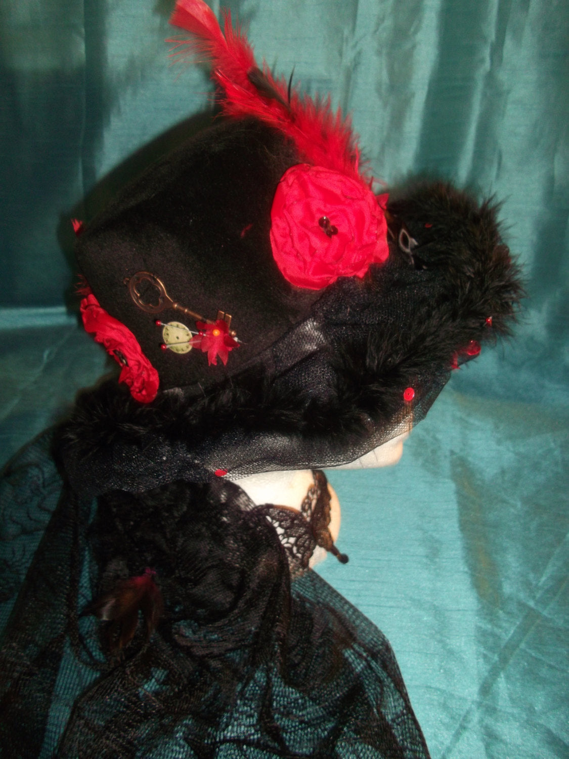 Bespoke.SteamPunk rounded velvet tophat-black&red feathers, embellishments Wonkey Donkey Bazaar