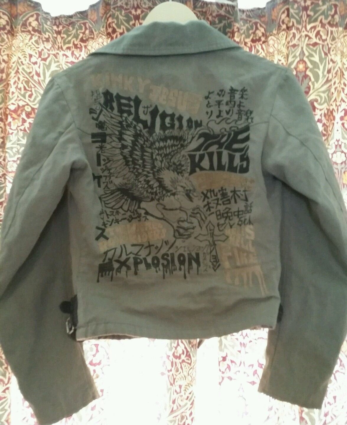 Vintage Religion punk light jacket biker style size 10 appprox.punk as f**.designs inside also. Wonkey Donkey Bazaar