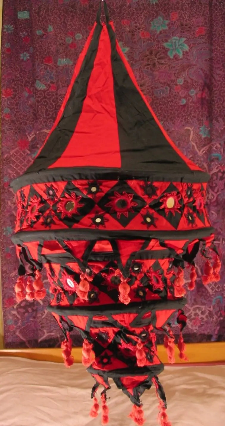 large 3 tier pendant style oriental cotton lampshade.shisha mirrors 34" drop. Unbranded